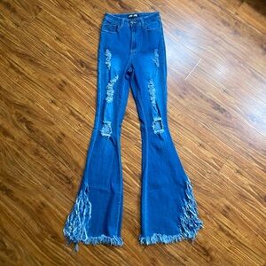 JC & JQ Blue High Waist Distressed Stretch Flare Jeans Size Small Streetwear